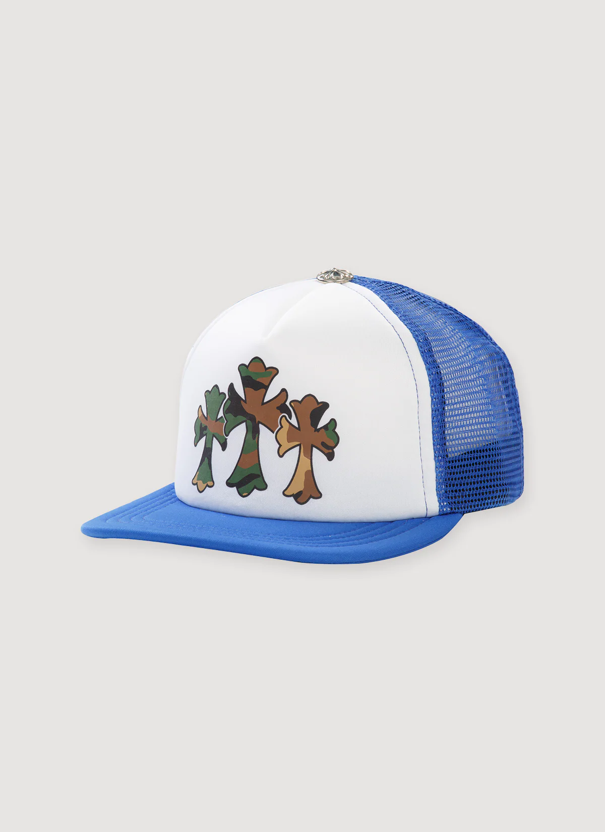 Chrome Hearts Camo Cemetery Cross Trucker Hat Blue