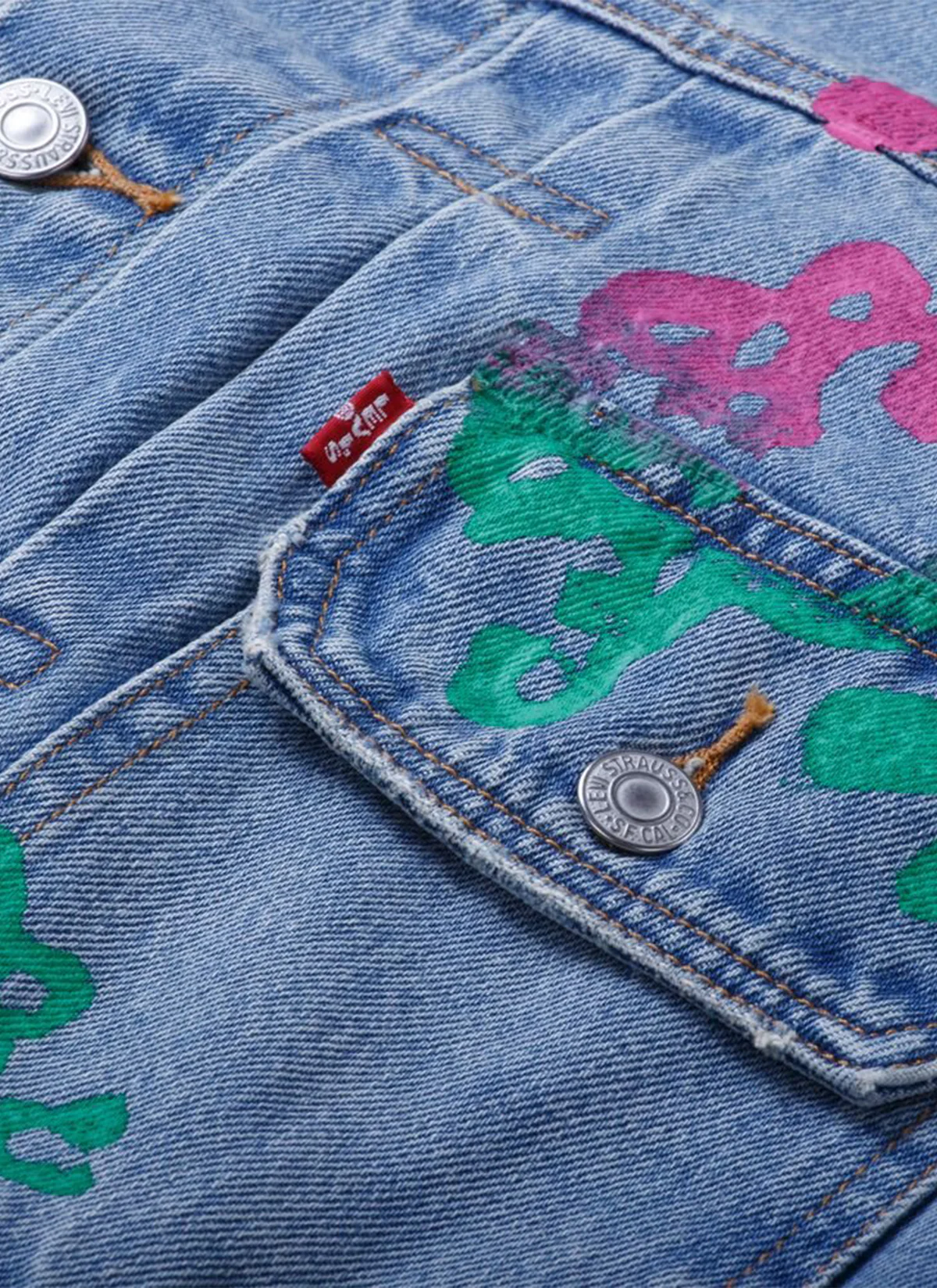 Denim Tears Bstroy Type-2 Denim Jacket Light Wash Pink/Green - Image 3