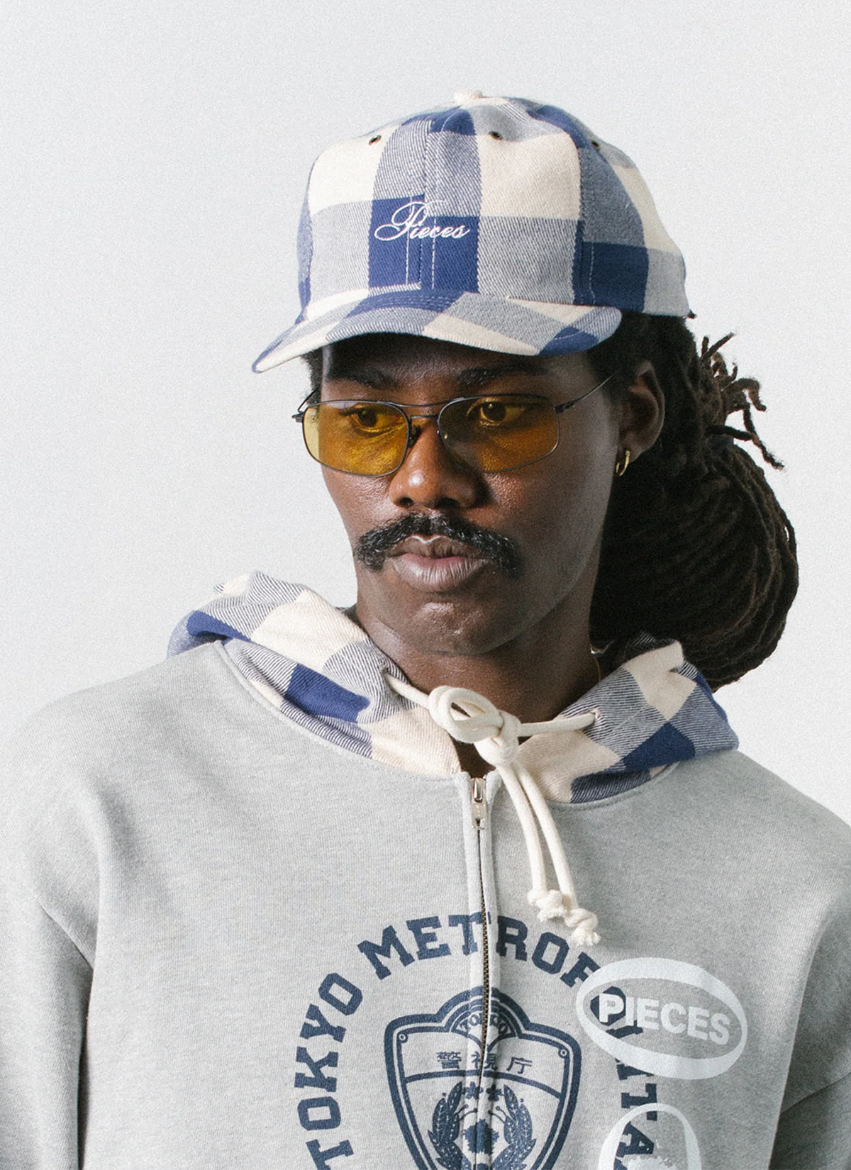 Pieces Street Hat Cream Navy Plaid - Image 3