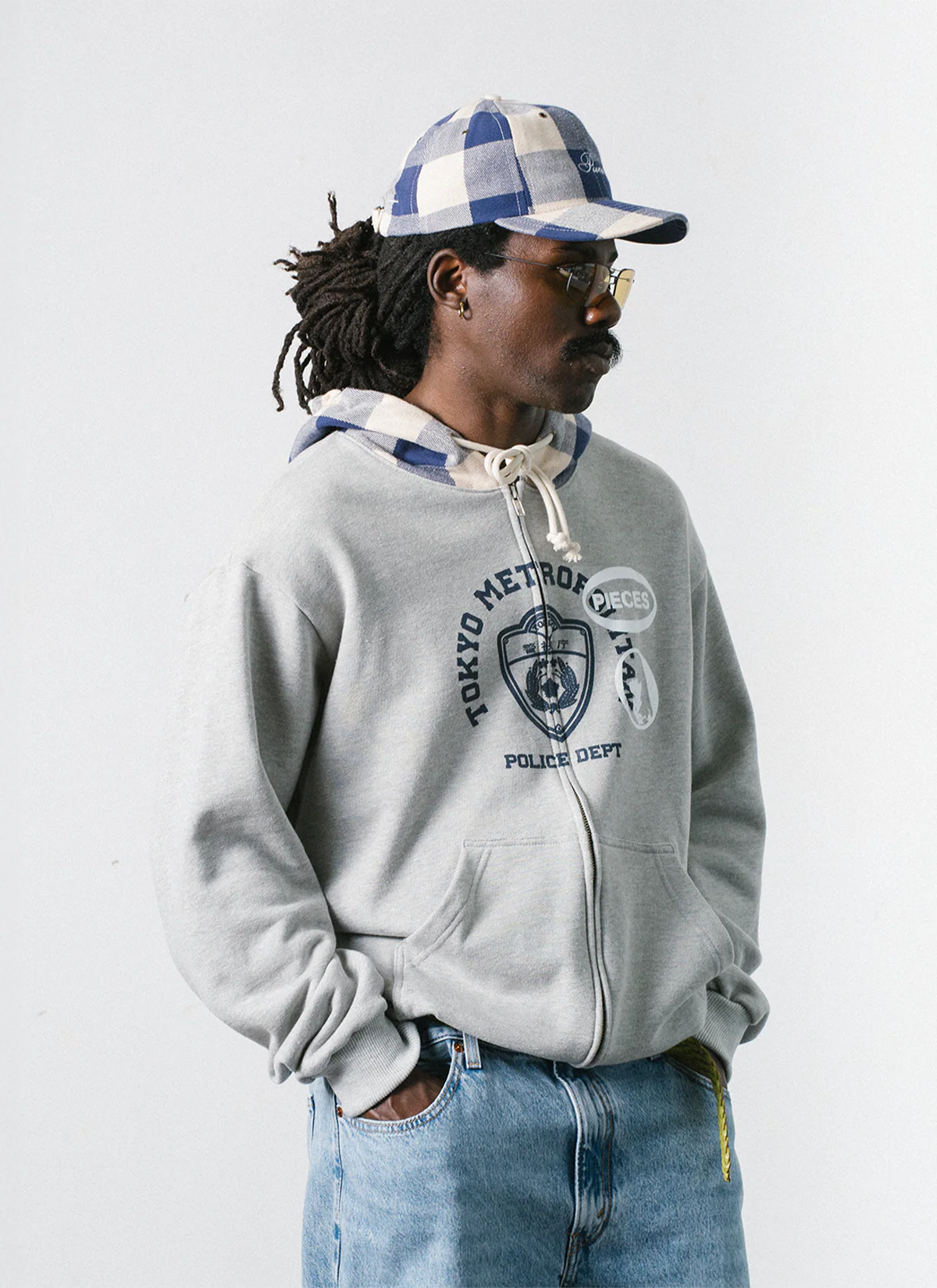 Pieces TKYPD Plaid Hooded Zip Up Sweatshirt Heather Grey - Image 4